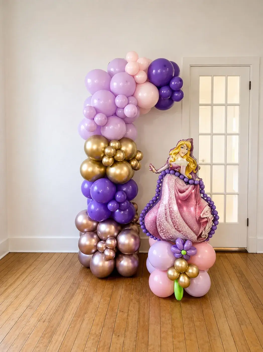 Purple, lilac and rose gold column with a princess character balloon